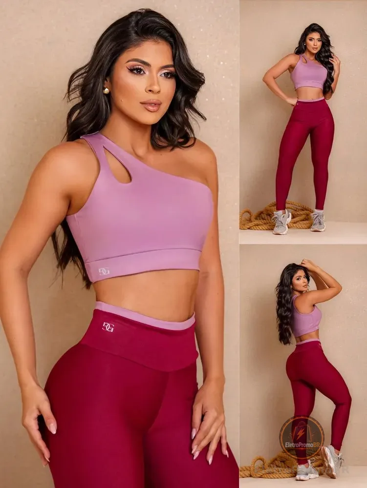 Conjunto Fitness Top Nula Manga E Calça Academia Bicolor  Marsala P (38)