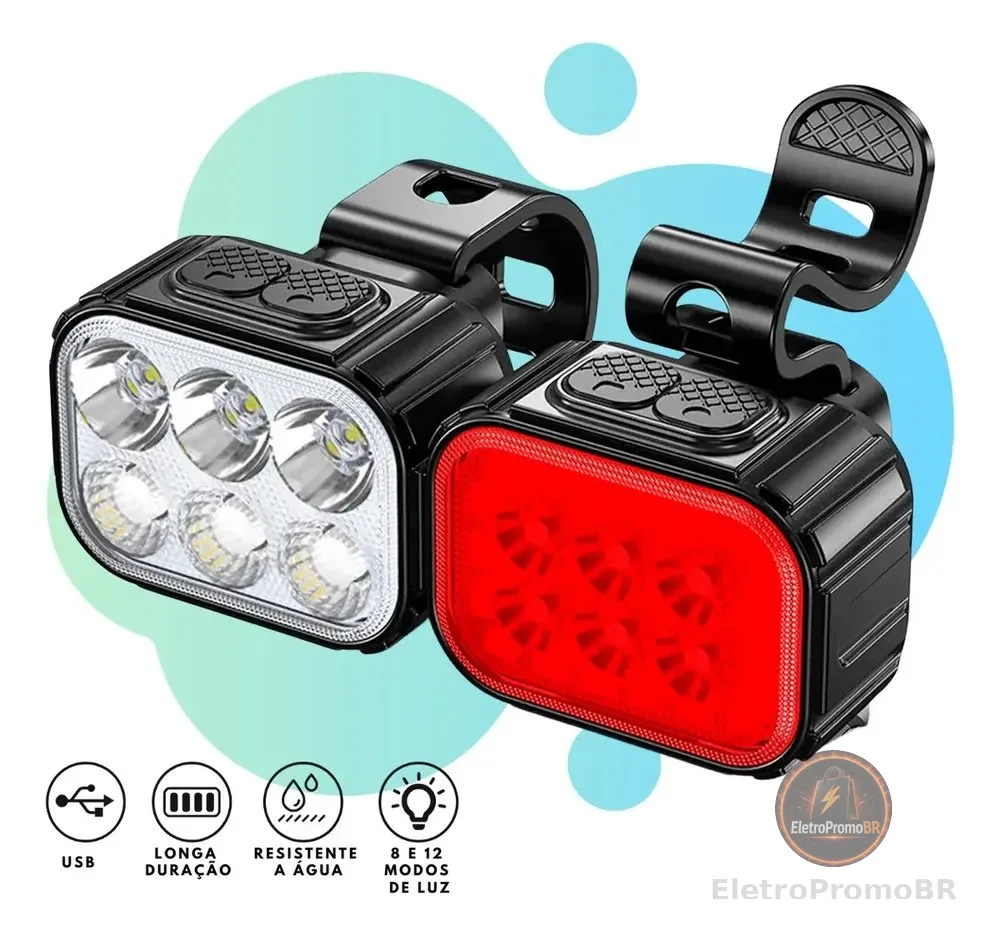 Kit Farol e Lanterna LED Para Bicicleta, YBF, Recarregável USB, Resistente à Água