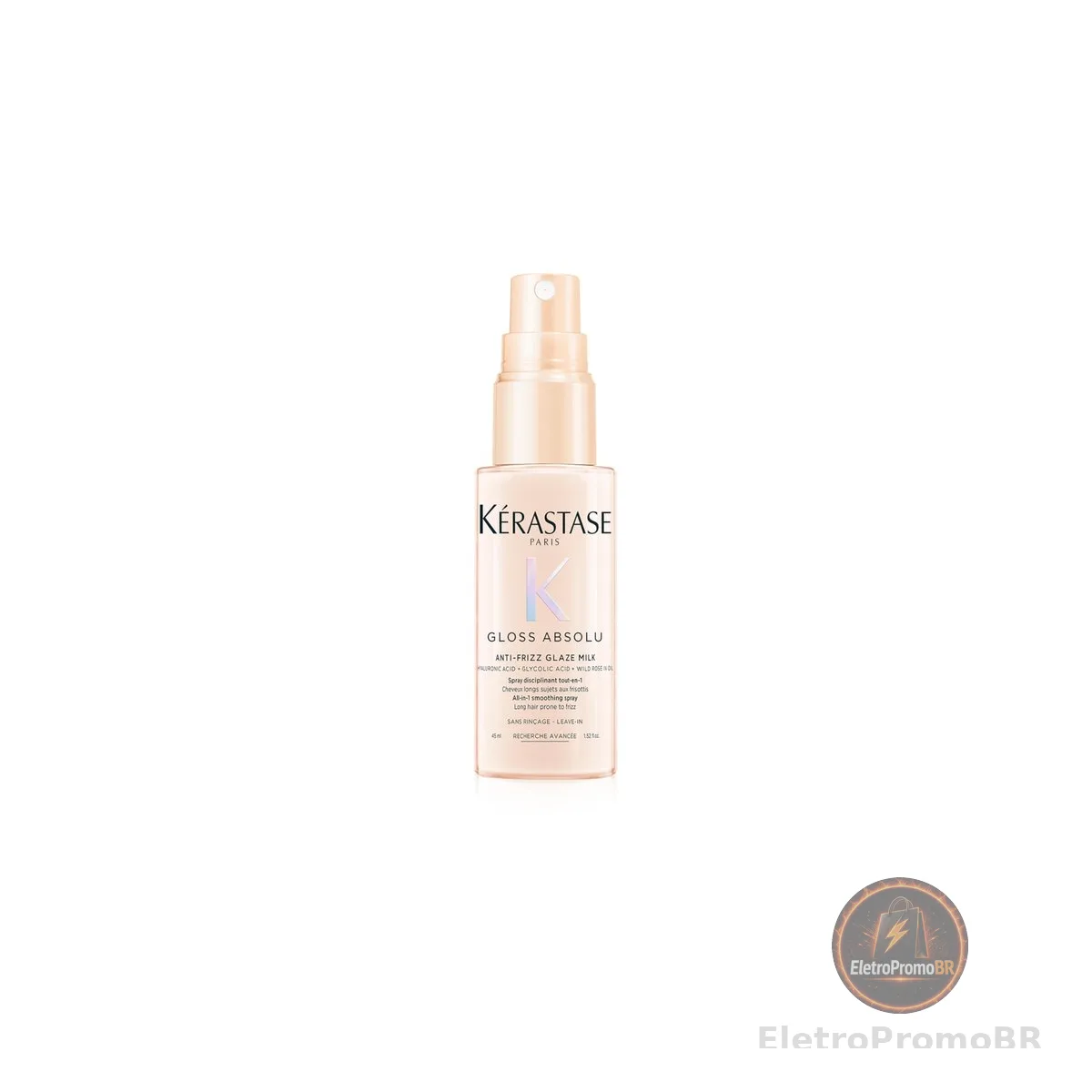 Kérastase, Spray, Gloss Absolu, Glaze Milk Anti-Frizz, para todos os tipos de cabelos, com ácido hialurônico, glicólico e óleo de rosa silvestre, proporciona brilho, protetor térmico, 45ml