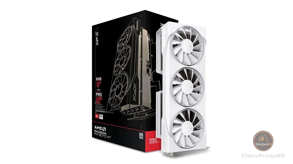XFX Swift AMD Radeon RX 9070XT Triple Fan White Gaming Edition com 16GB GDDR6 HDMI 3xDP, AMD RDNA 4 RX-97TSWF3W9