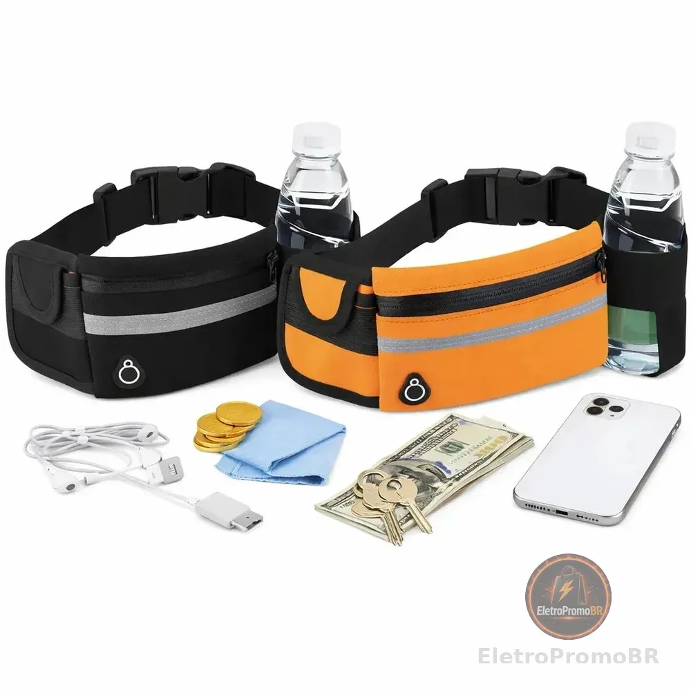 Kit 2 Pochetes Esportiva Impermeável Celular Acessórios Academia Treino Corrida Caminhada Moderna Bolsa Transversal Cintura Moda Blogueira Marca Lemon Shark Cor Preta E Laranja