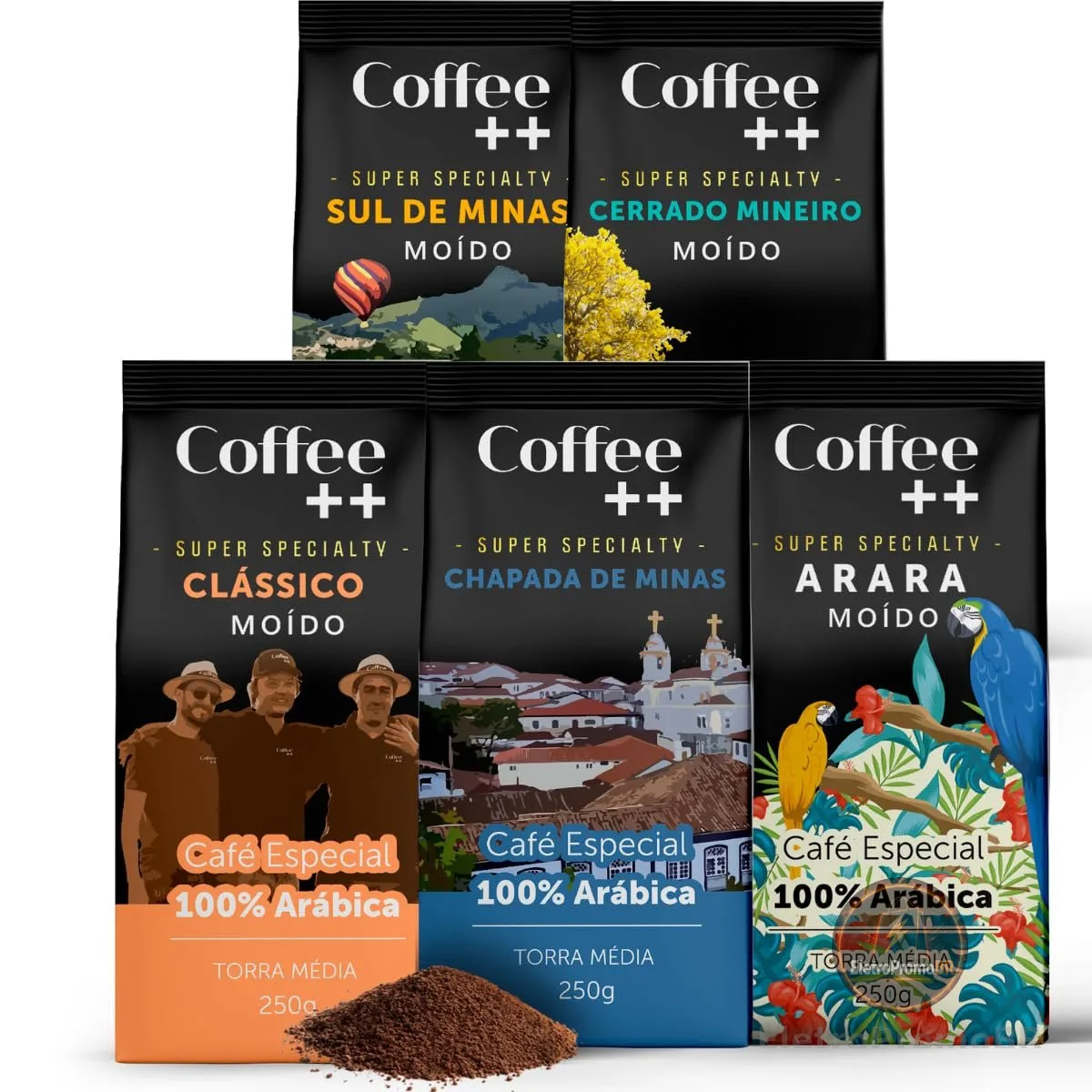 Kit 5 Pacotes Café Especial Torrado e Moído Coffee Mais Variedades: Sul de Minas, Cerrado Mineiro, Clássico, Chapada de Minas e Arara - 100% Arábica (5x250g)
