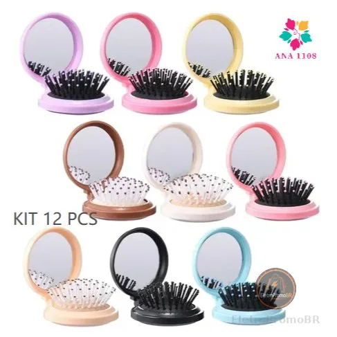 ANA1108 KIT 12 Pcs Mini Escova de Cabelo Dobrável Com Espelho-Portátil e Perfeita Para Bolsa