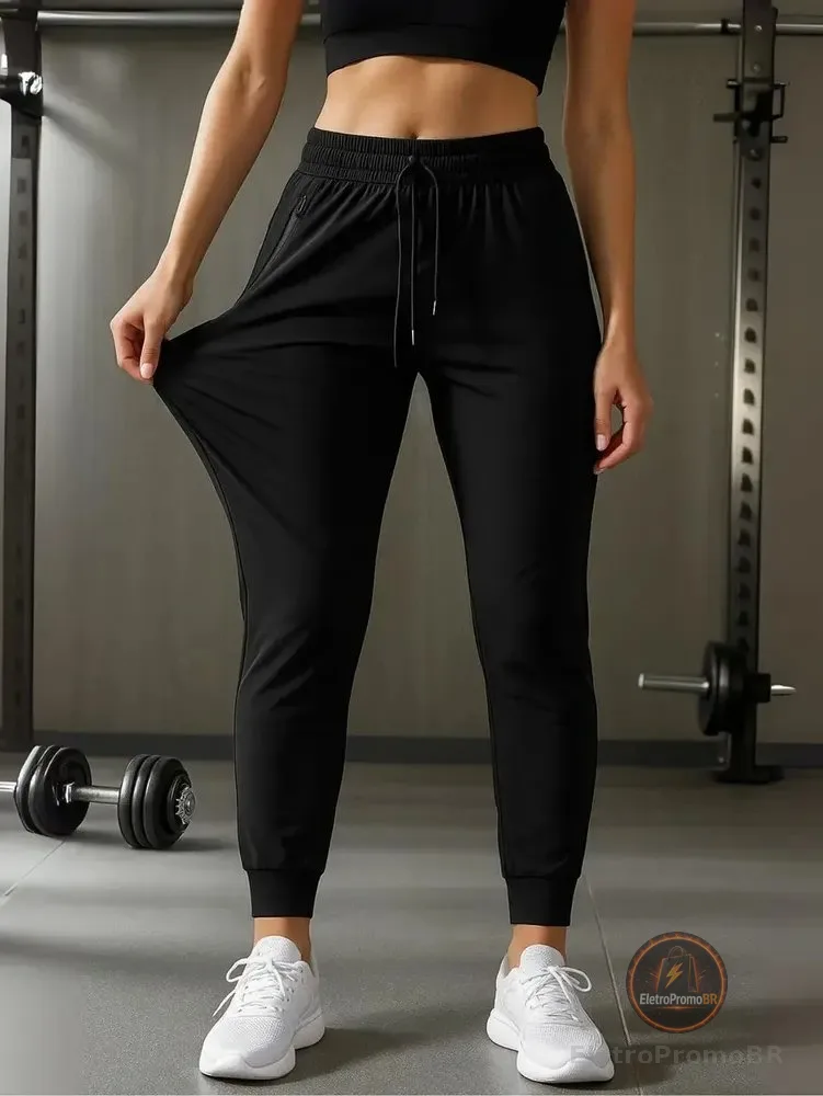 Calça Feminina Com Elastano Esportiva Fitness Slim Fit Preto Liso Gg 44/48