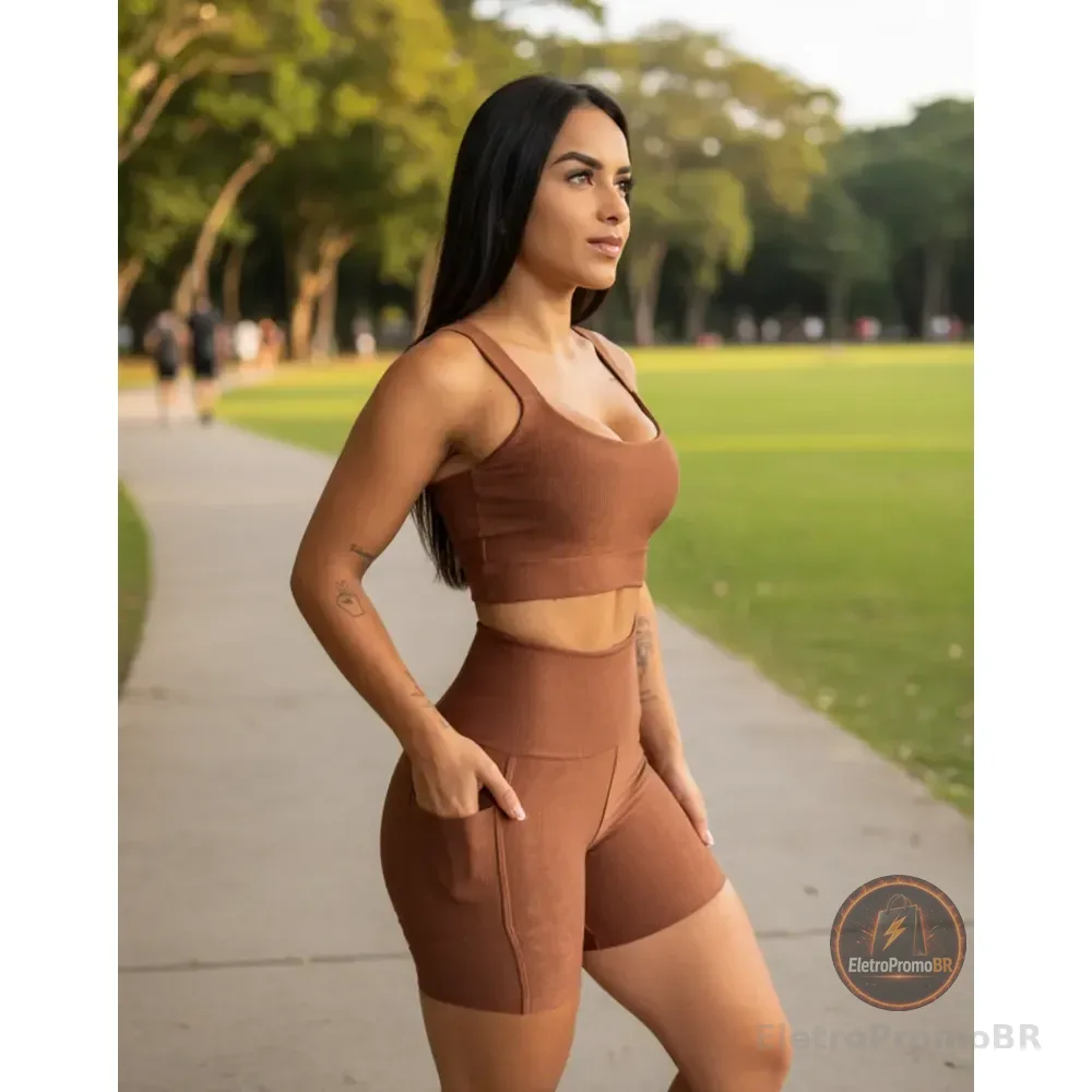 Kit Conjunto De Academia Top E Short Para Corrida Canelado Marrom M (42)