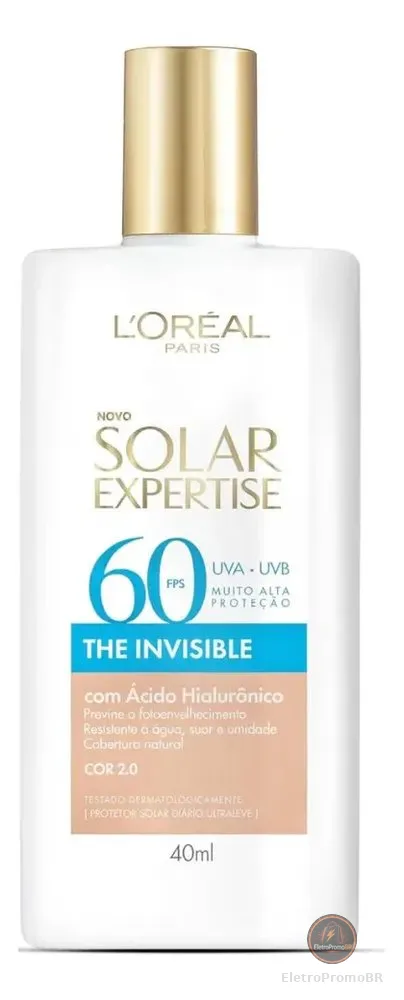 Protetor Solar Facial FPS 60, Textura Aquosa Ultraleve, Proteção Avançada Anti-Idade, Cor 2.0, Expertise The Invisible L’Oréal Paris Solar 40g