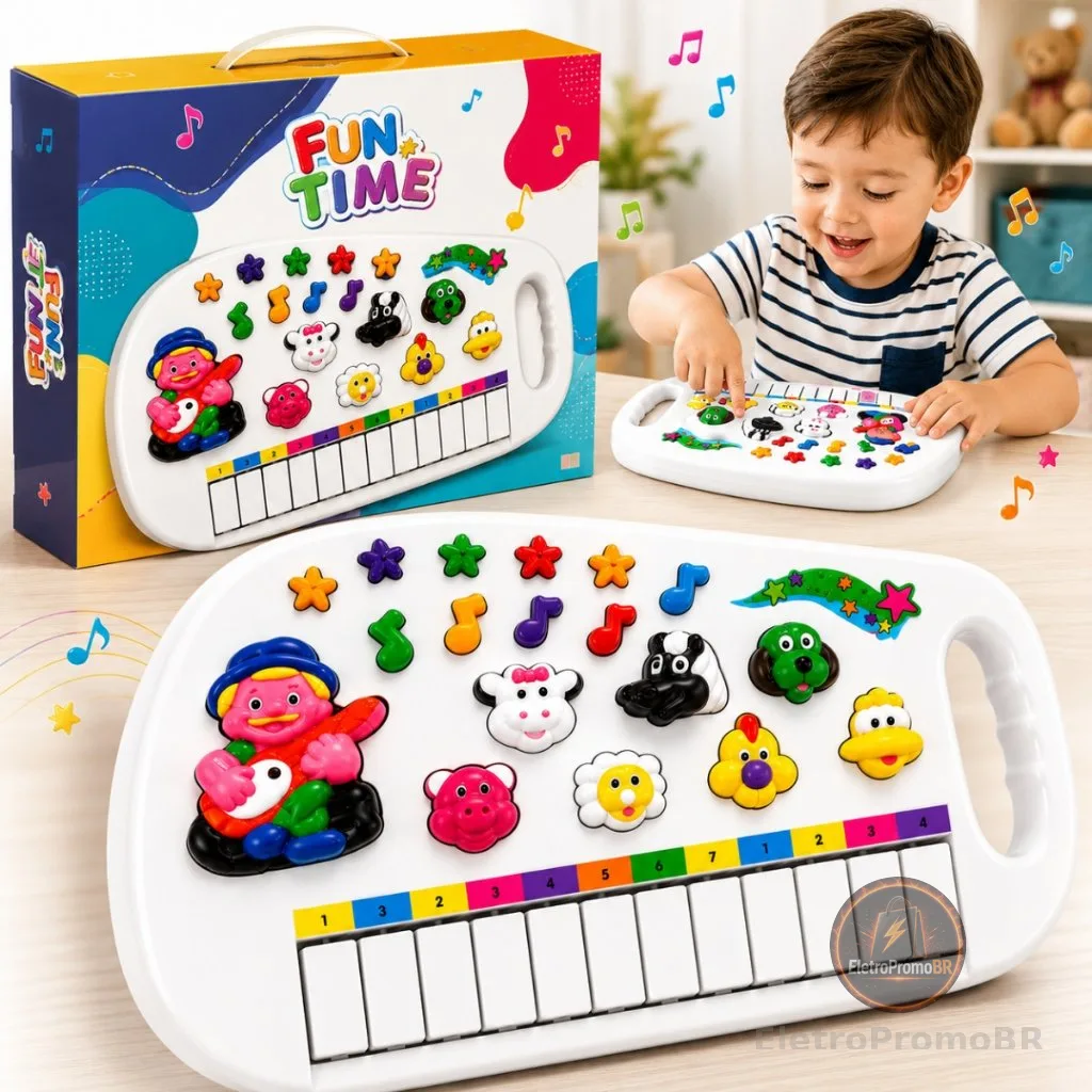 Piano Infantil Teclado Musical Fazendinha 12 Teclas Som de Animais Brinquedo Bebê Criança Branco Pratitudo Toys