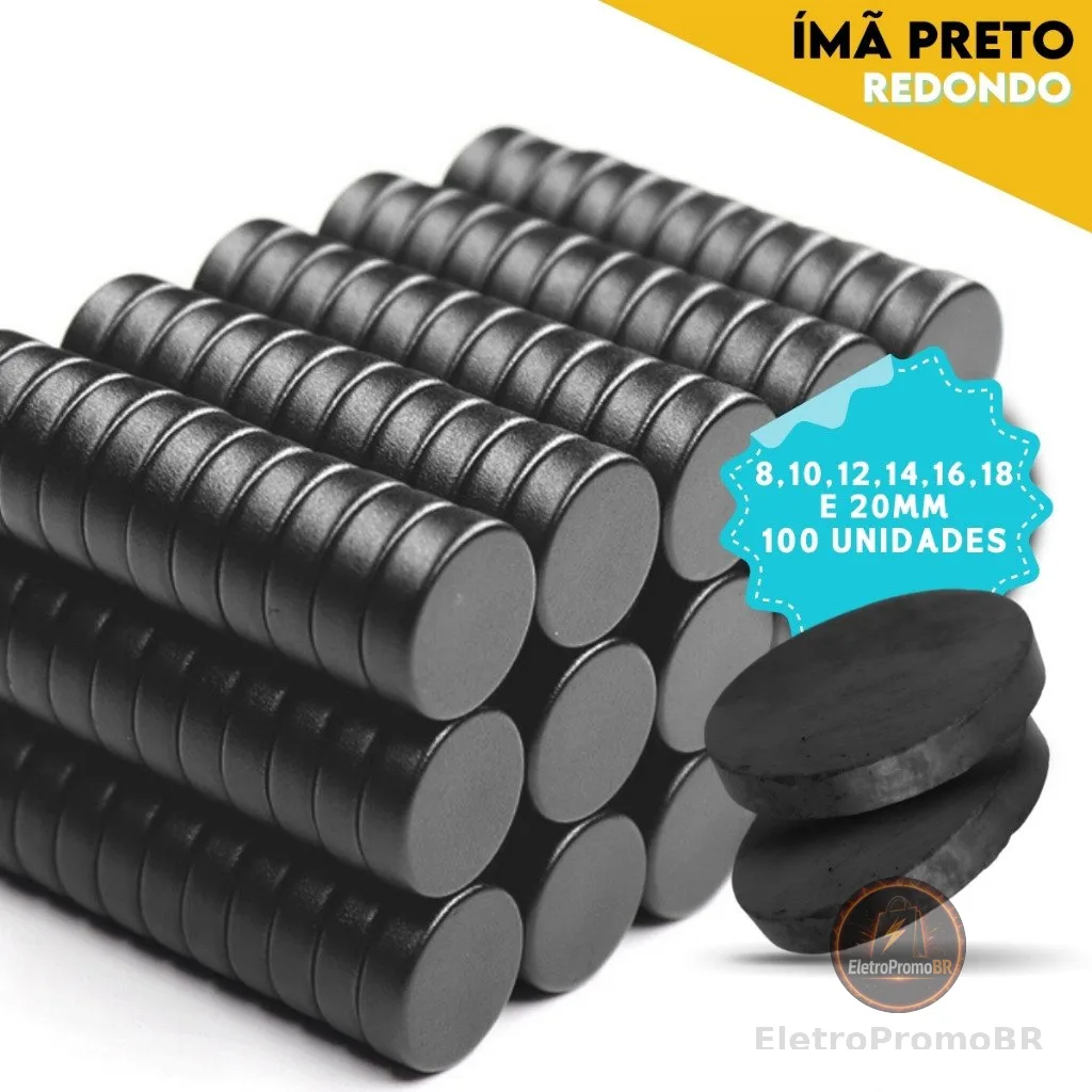 Ímãs de Ferrite Pretos 100un | Redondos 8 a 20mm | Ideal Artesanato e Decoração - MN