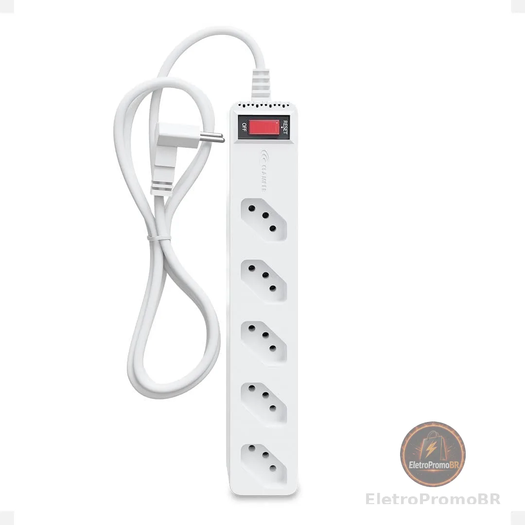 Filtro de Linha iCLAMPER Energia 5 com Proteção contra Surtos Elétricos(DPS) LCF 5 Tomadas, 3 Pinos, 10 Amperes para PC, Notebook, Monitor, Impressora, PS5, Alexa e etc, Bivolt, Cabo de 1m Branco