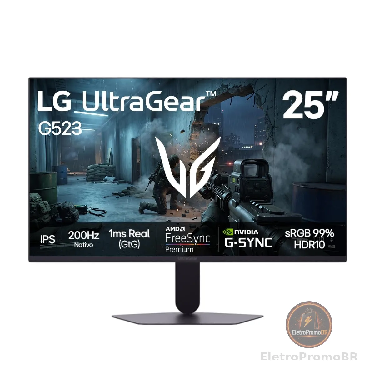 Monitor LG UltraGear -Tela IPS de 25”, 200Hz, 1ms (GtG), NVIDIA G-SYNC e AMD FreeSync Premium, HDR10, sRGB 99%, Preto - 25G523B