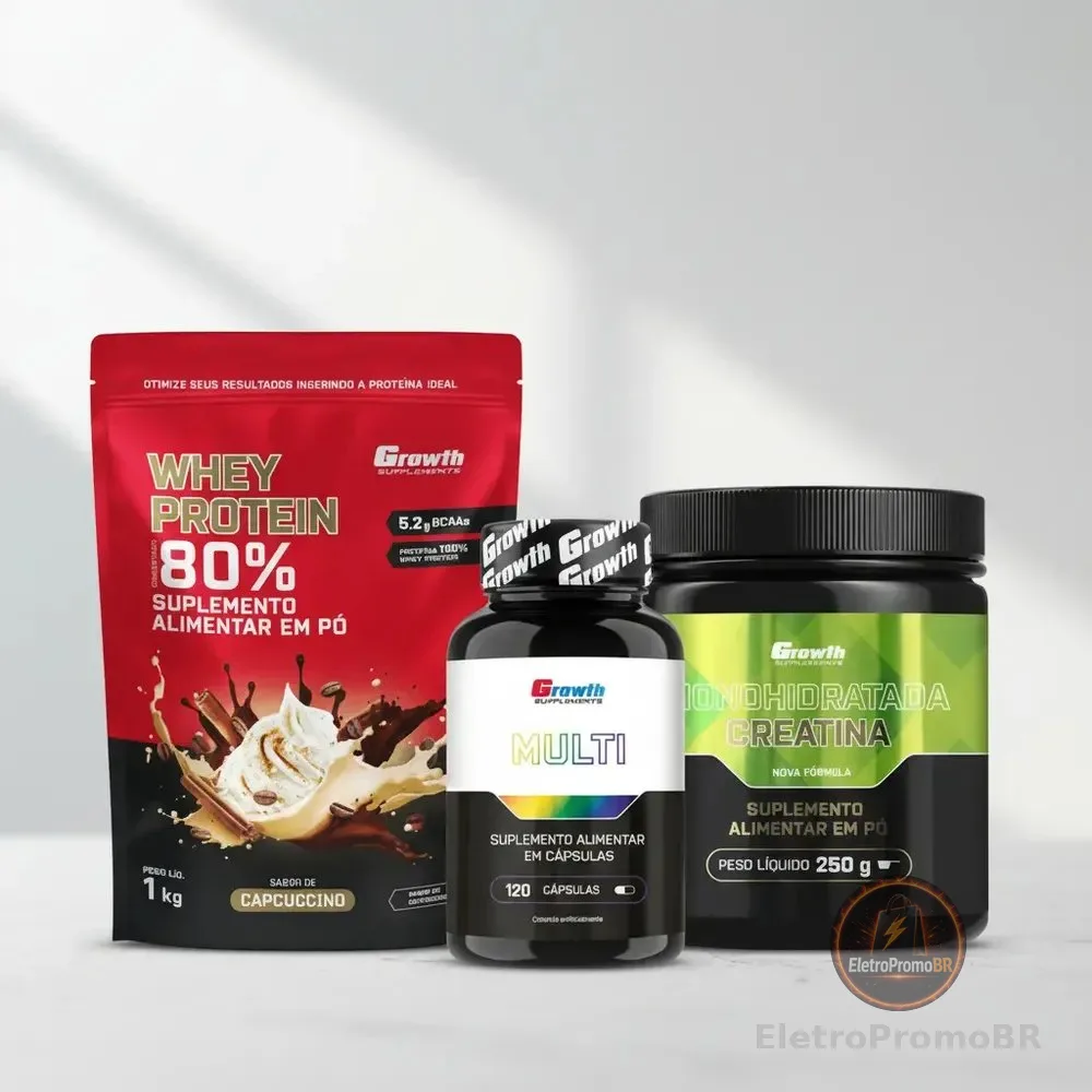 Kit Growth: Whey Protein Capuccino 1kg + Multivitamínico 120 Cáps + Creatina Sem Sabor 250g