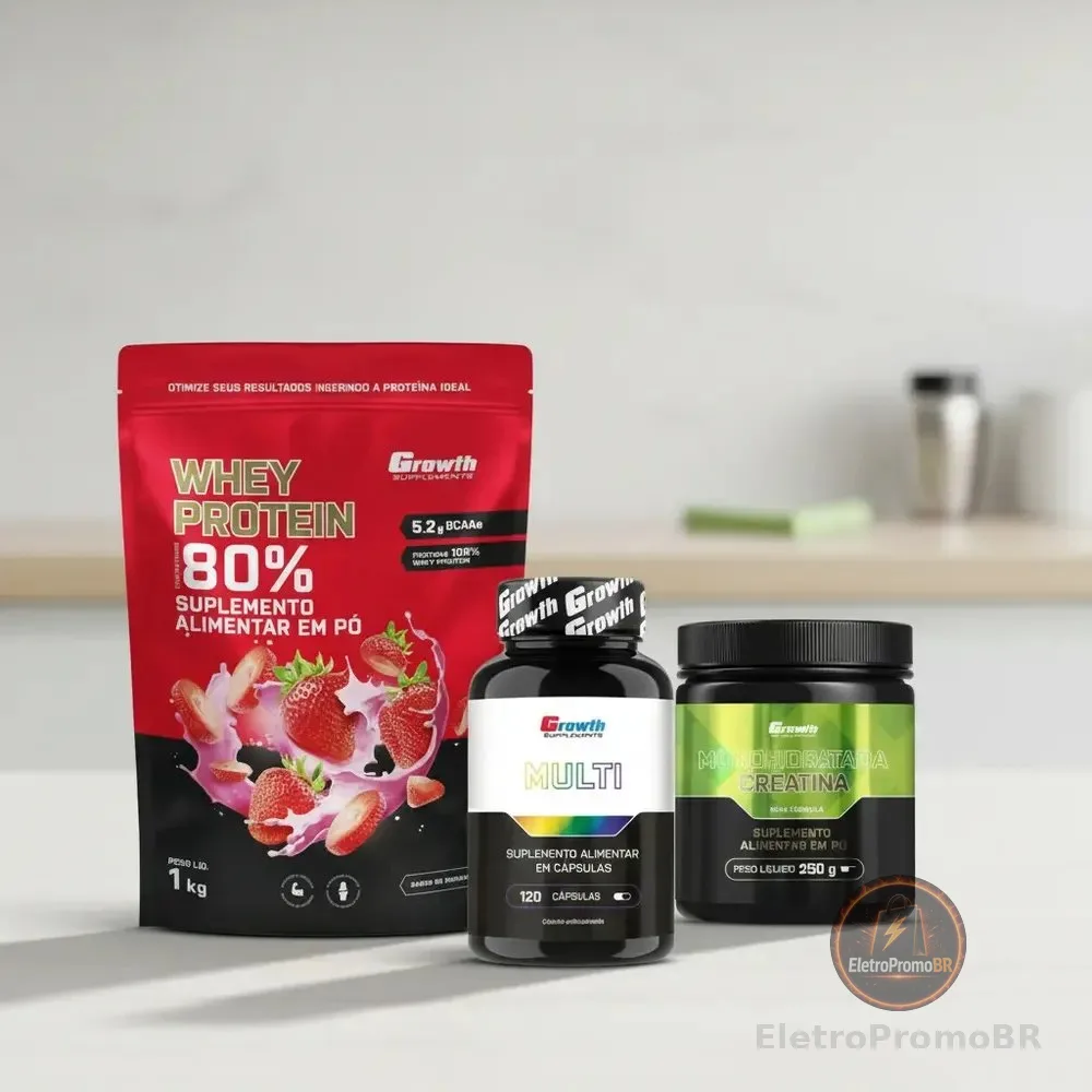 Kit Growth: Whey Protein Morango 1kg + Multivitamínico 120 Cáps + Creatina Monohidratada 250g