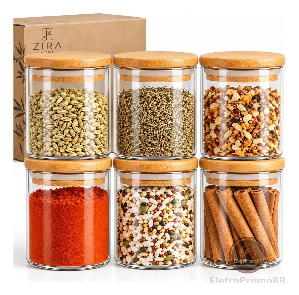 Kit 6 Pote Vidro Porta Temperos Hermético Cozinha Organiza Vidro/tampa De Bambu