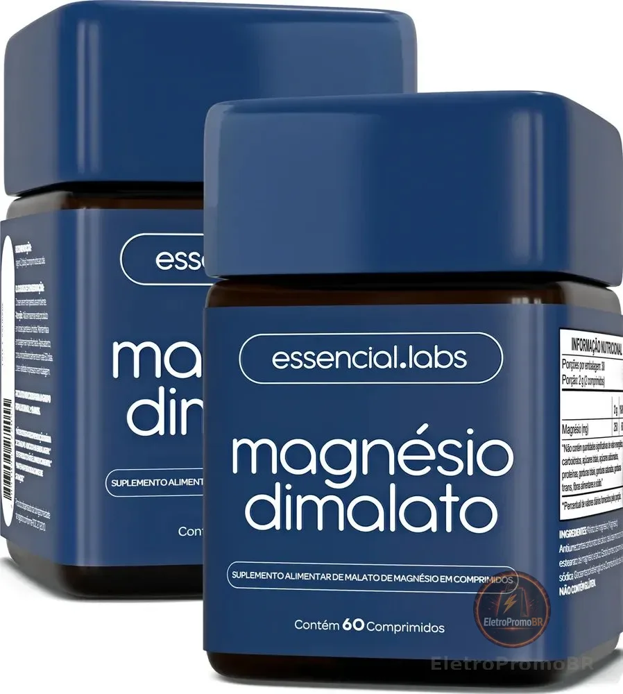 02 POTES do MAGNÉSIO DIMALATO - Fórmula com Máxima Concentração e Pureza - 60 comprimidos