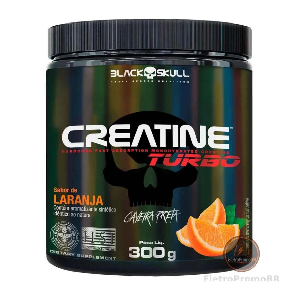Creatine Turbo BlackSkull - Creatina Monohidratada em pó, com carboidrato para melhor absorção e performance (300g Pote, Laranja)