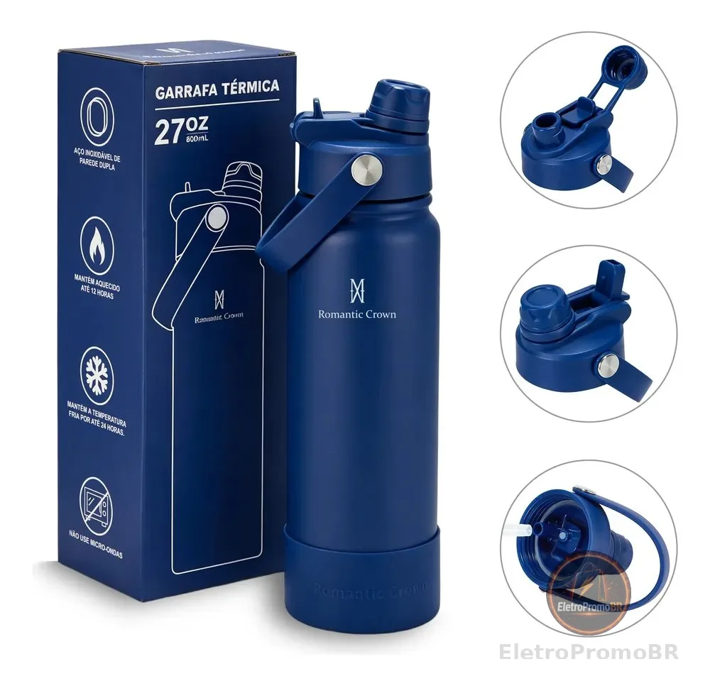 Garrafa Térmica 800ml Inox Bico Duplo Canudo Alça Esporte Azul