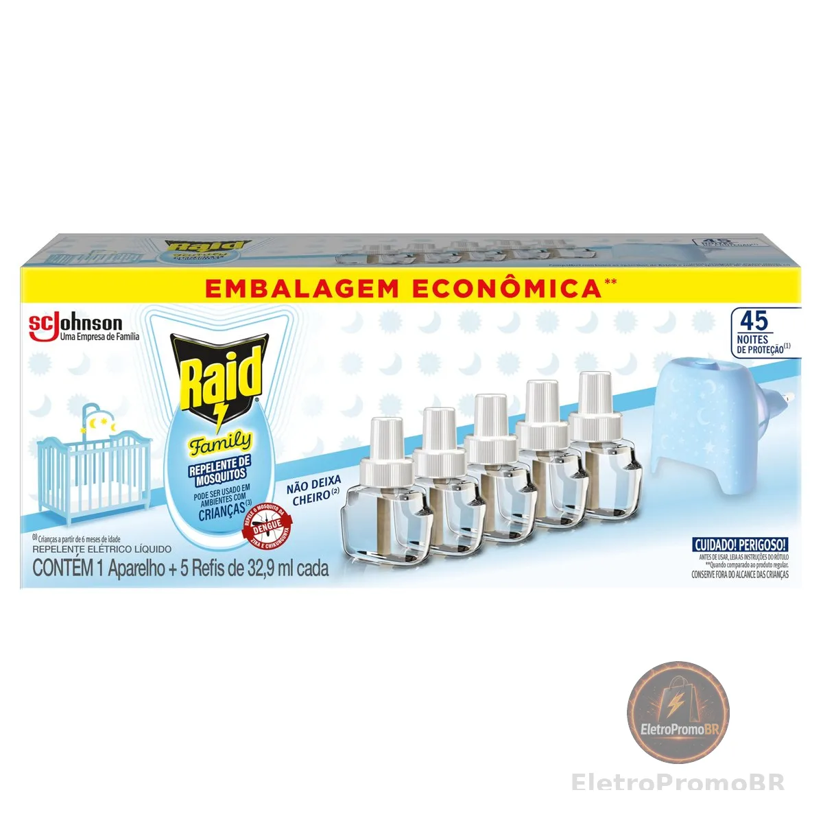 Raid Repelente Elétrico Líquido Family 45 Noites, Aparelho e 5 Refis 32,9ml