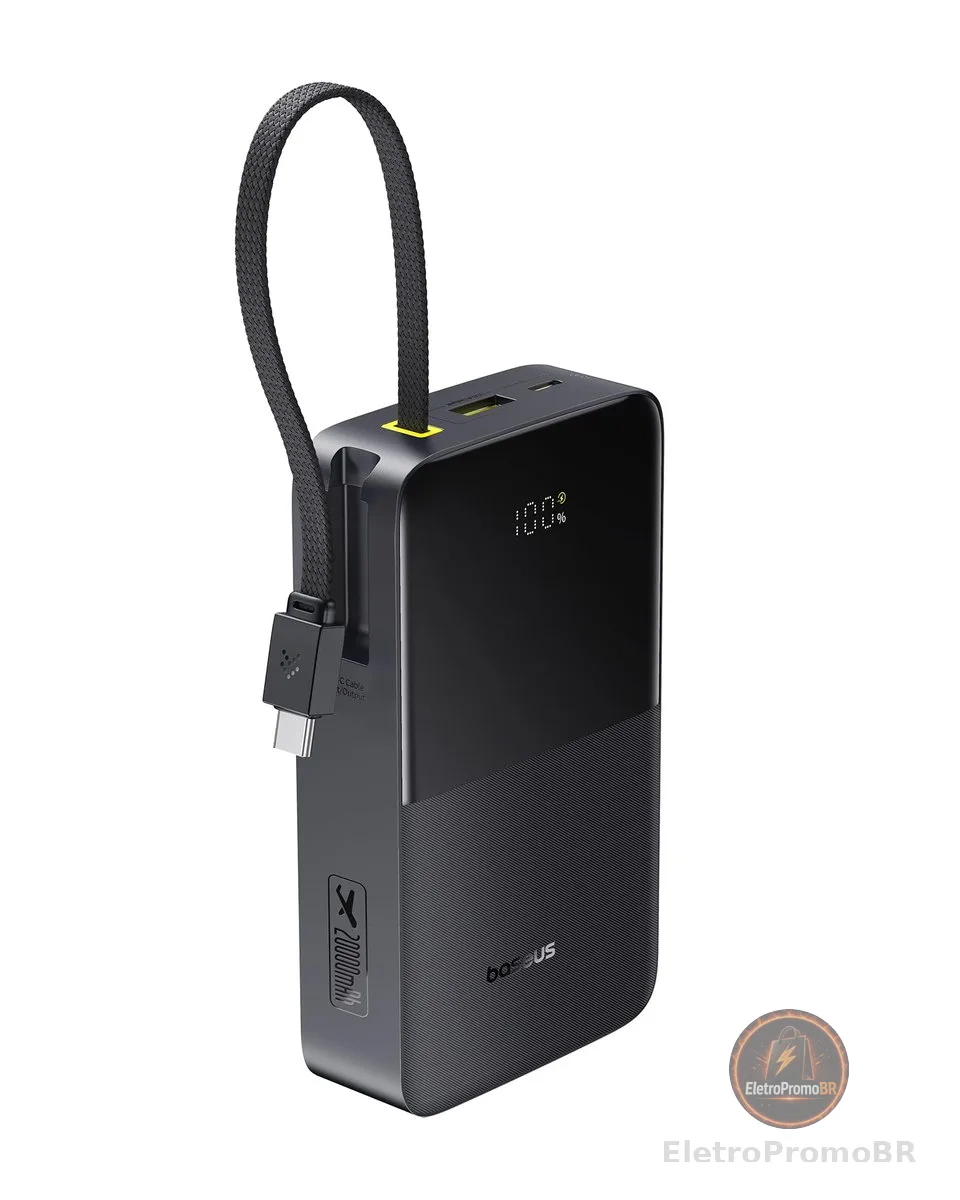 Baseus Power Bank EnerFill FC51 Bipow2 Pro com Display Digital e Cabo Embutido 20000mAh 22.5W, Preto Cósmico
