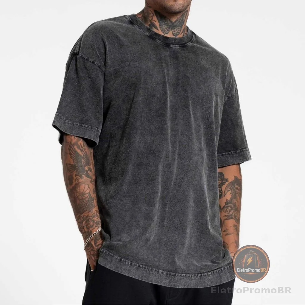 Camiseta Heavy Oversized 20.1 Preta Marmorizada 100% Algodão