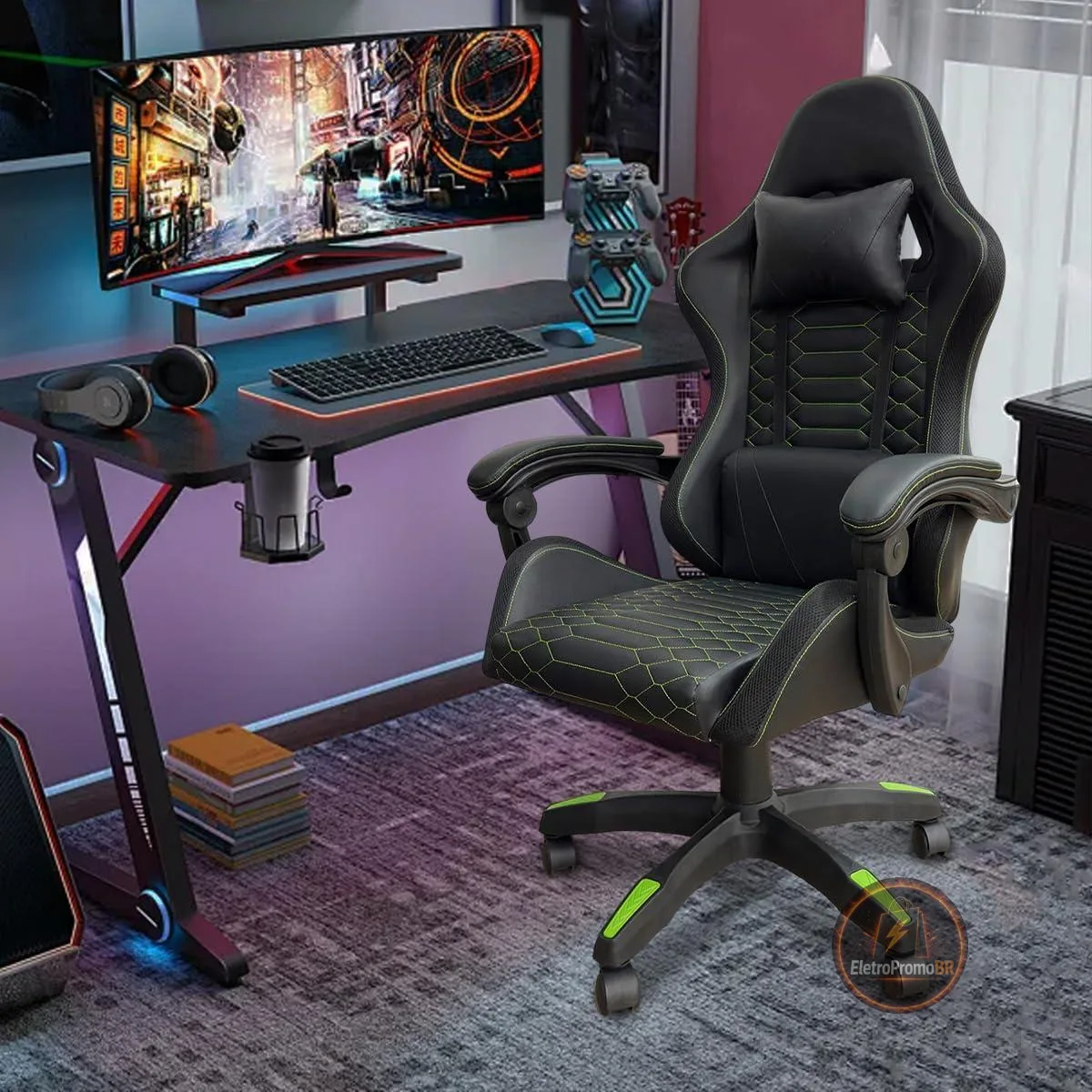 Cadeira Gamer Ergonômica com Estrutura Reforçada, Reclinação 90°-150°, Apoio de Braço Sincronizado e Suporte Lombar Ajustável – Conforto para Jogos e Home Office
