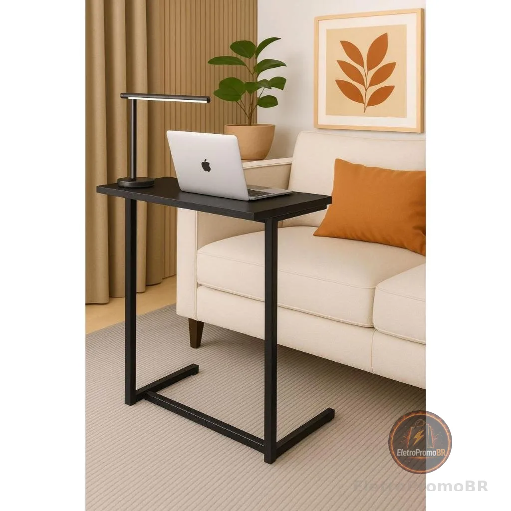 Mesa apoio e suporte lateral notebook cama sofa em aço tampo madeira Preta e Mel