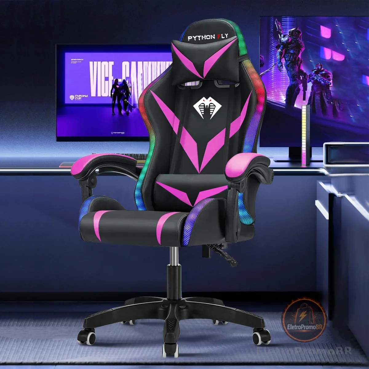 Cadeira Gamer RGB Python Fly com Iluminação Decorativa, Encosto Reclinável, Design Ergonômico para Escritório e Jogos (Roxo)