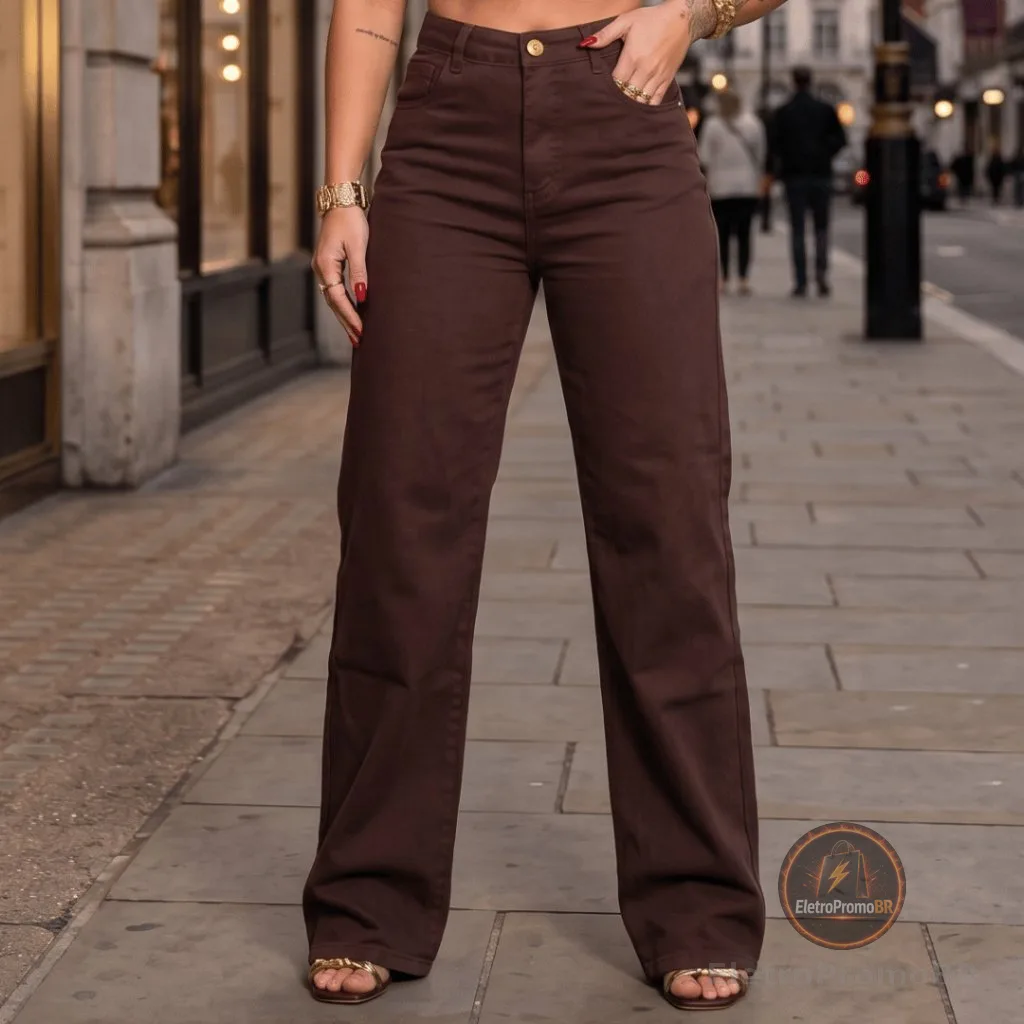 Calça Wide Leg Jeans Chocolate Cintura Alta Moda Feminina Pantalona Lançamento