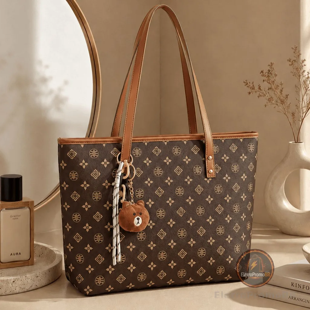 TOMI MITO Bolsa Feminina Casual de Ombro com Estampa Geométrica e Pingente Charmoso para Trabalho e Passeios TM9187