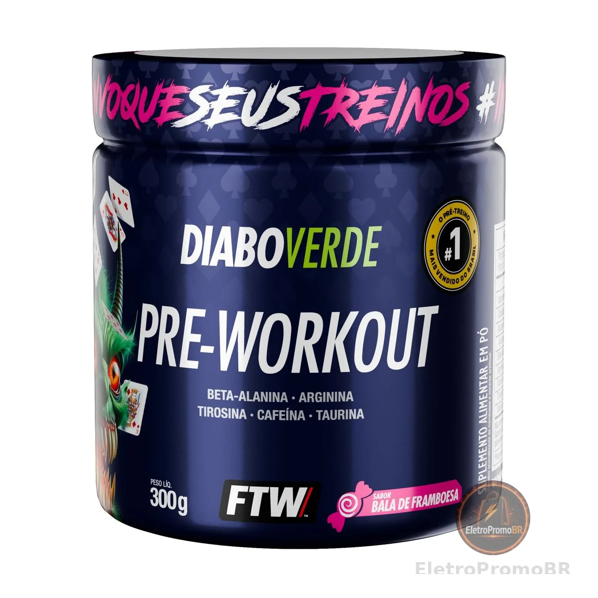 Pré Treino Pre Workout DIABO VERDE Pote 300g Sabor Bala de Framboesa FTW - Suplemento Com Cafeína, Aminoácidos Beta‑Alanina e Arginina para Treinos e Atividades Físicas