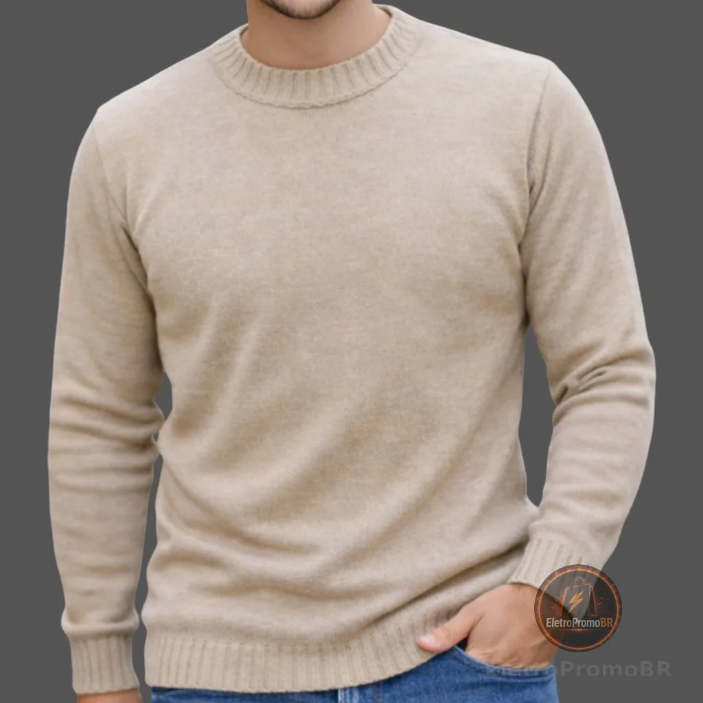 Suéter Masculino Tricô Liso Básico Gola Careca Inverno Confortável Casual