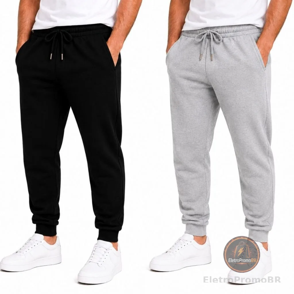 Kit 2 Calças de Moletom Masculina Peluciada Inverno Quente Confortável com Bolso e Cordão Ajustável