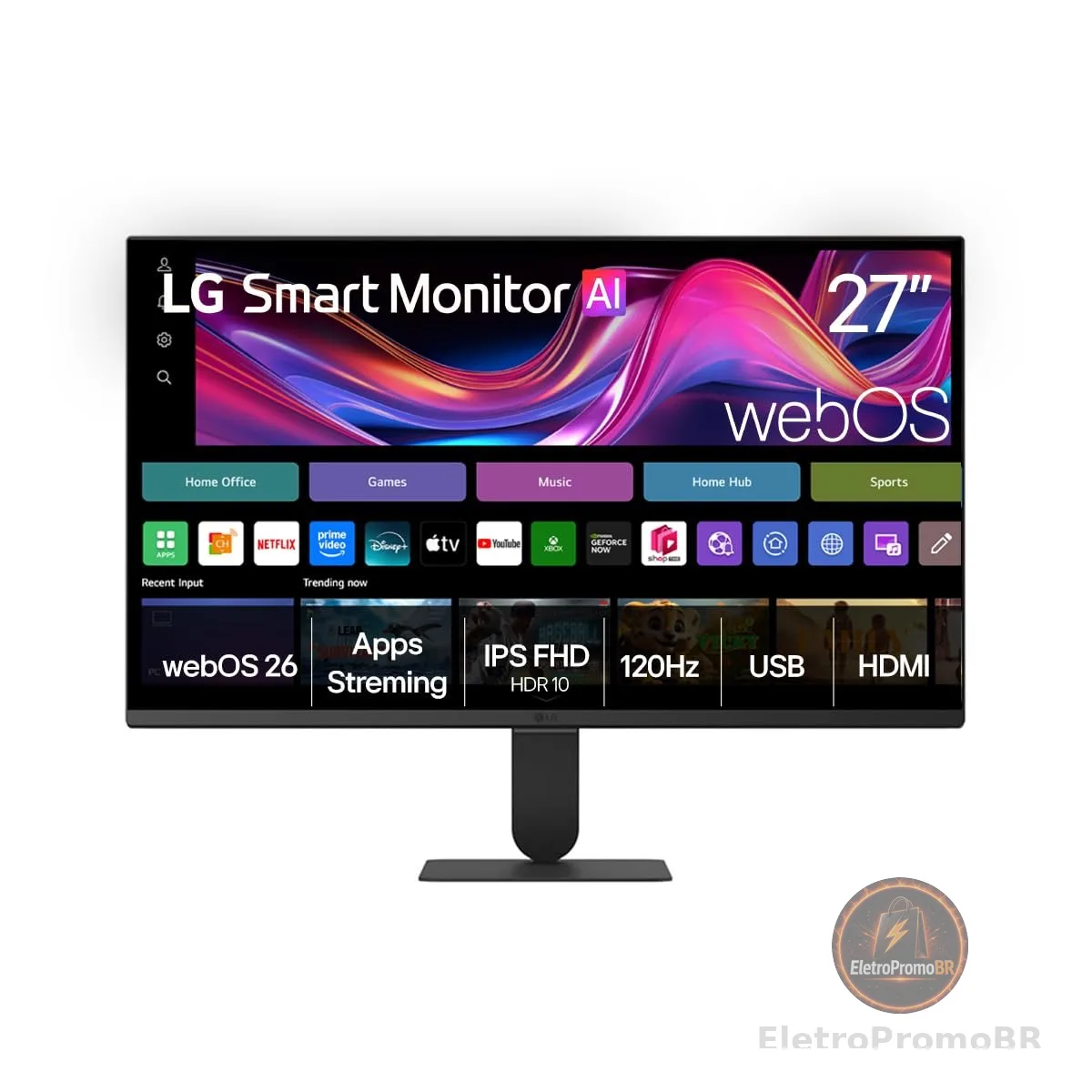 Monitor LG Smart, Tela IPS de 27”, FHD, WebOS 26, HDR10, ThinQ, Wi-fi, AirPlay, Bluetooth, 5ms (GtG), 120Hz, 2X USB, 2X HDMI, Preto- 27U511SB