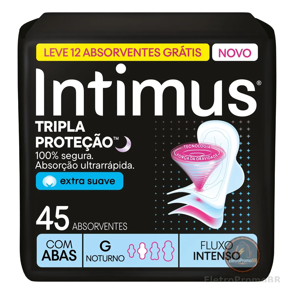 Absorvente Intimus Tripla Proteção Noite Suave Com Abas, Fluxo intenso, 45 unid