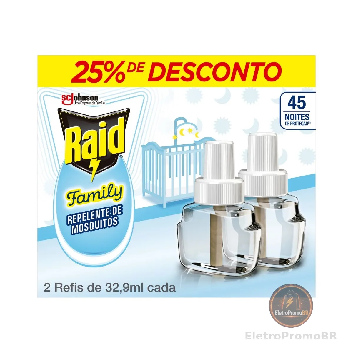 Raid Repelente Elétrico Líquido Family 45 Noites, 2 Refis de 32,9ml