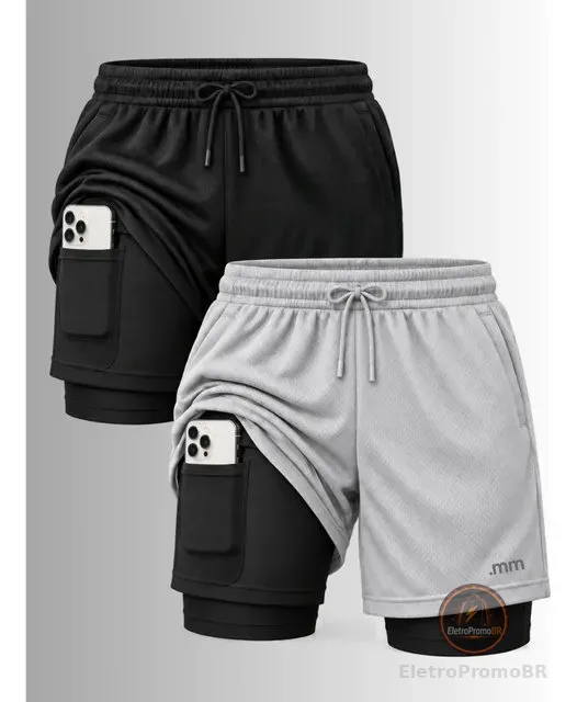 Kit 2 Bermudas 2 Em 1 Short Duplo Masculino Academia Treino
