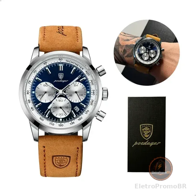 Relógio Luxo Poedagar Masculino Pulseira Em Couro Funcional