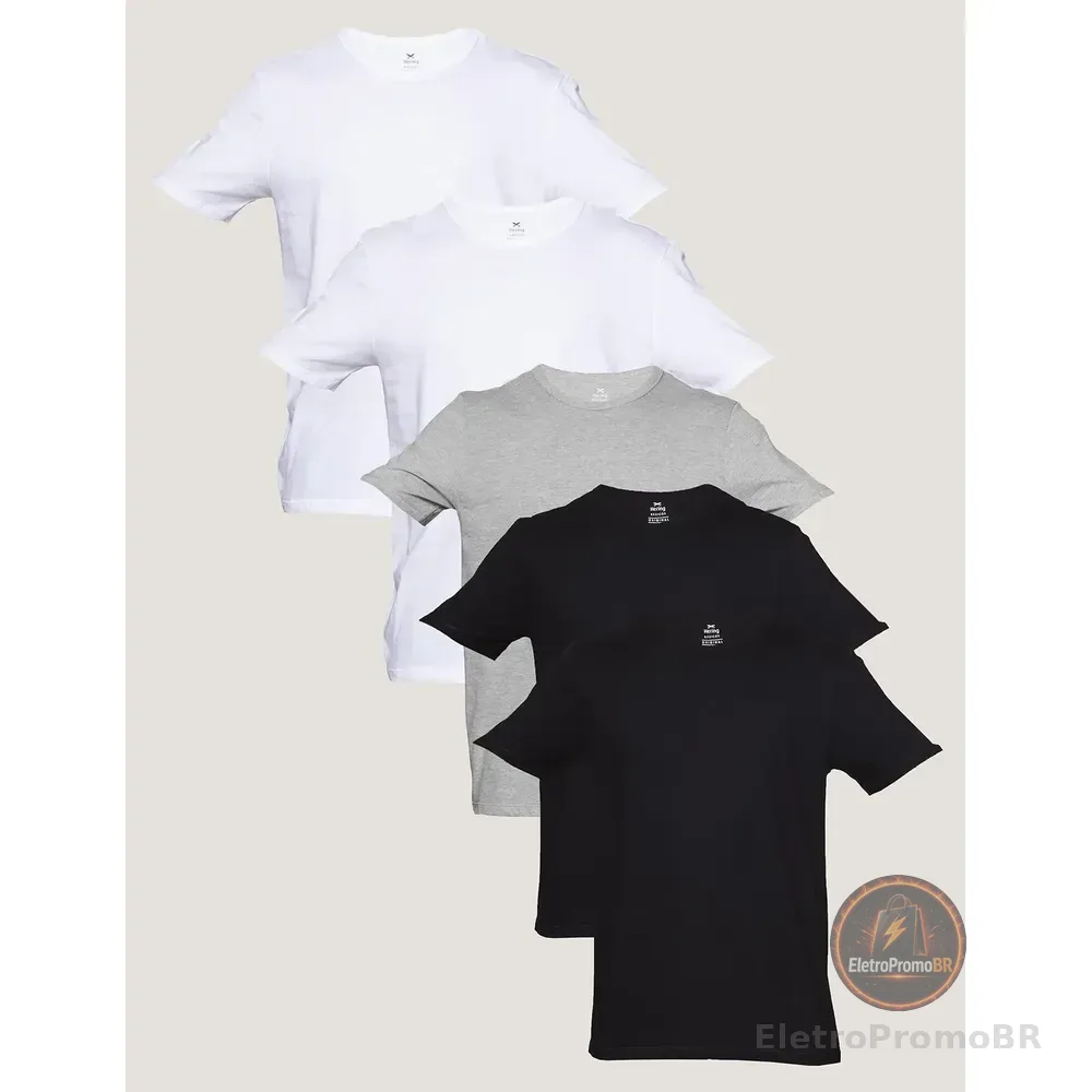 Kit Com 5 Camisetas Básicas Masculina Hering Preto, Branco E Cinza Liso G