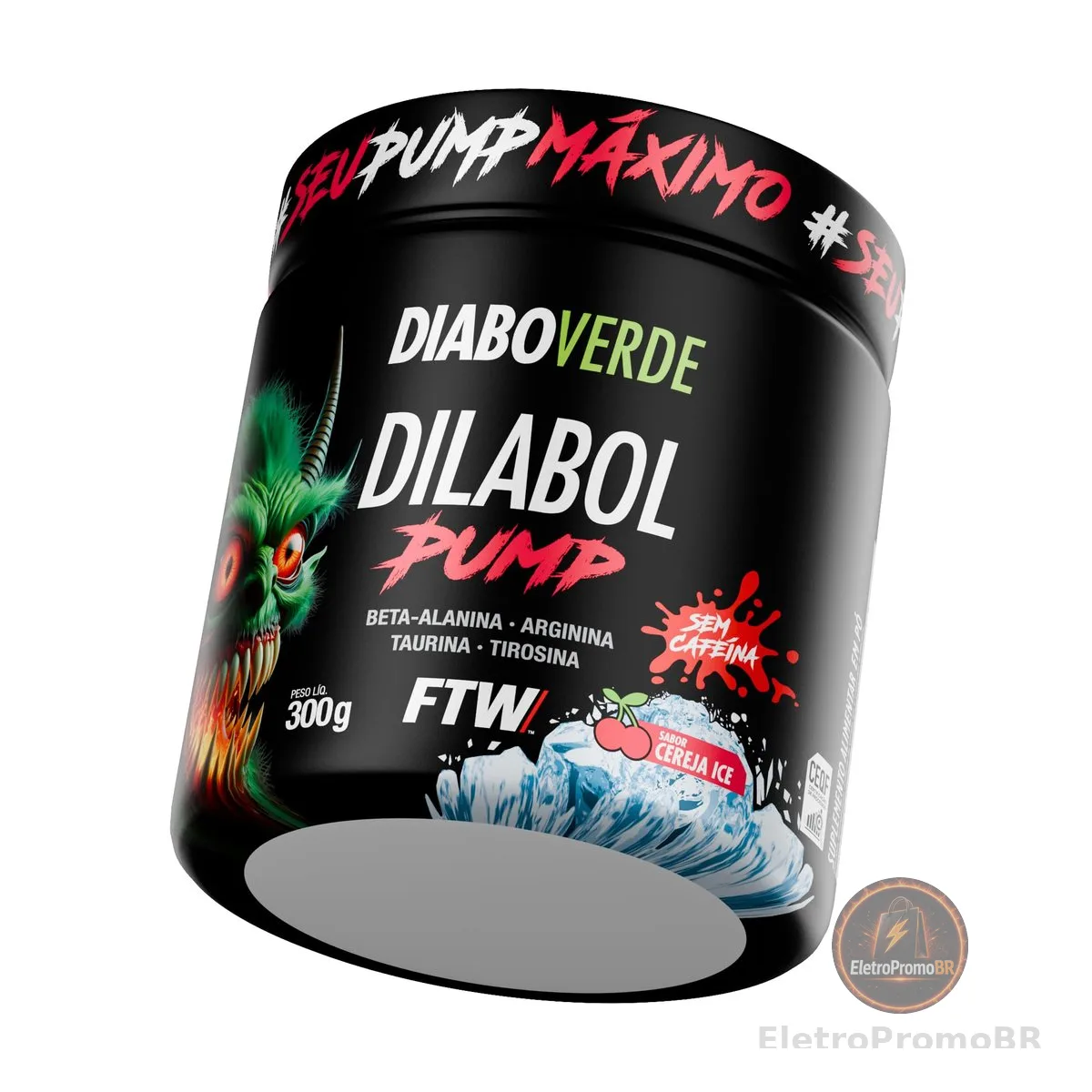 Pré Treino Dilabol Pump Sem cafeína Diabo Verde Pote 300g Sabor Cereja Ice - FTW Pré Workout com Beta-Alanina, Arginina, Taurina, Tirosina, Zinco e Cromo