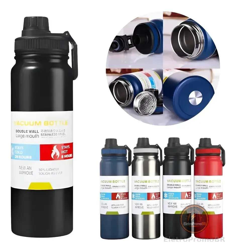 Garrafa Térmica 800ml Água Inox Academia Quente E Frio Preto