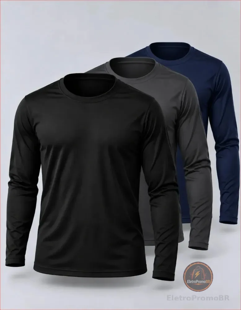 Kit 3 Camisas Uv50+ Segunda Pele Masculina Manga Longa Preto Azul-marinho E Cinza P