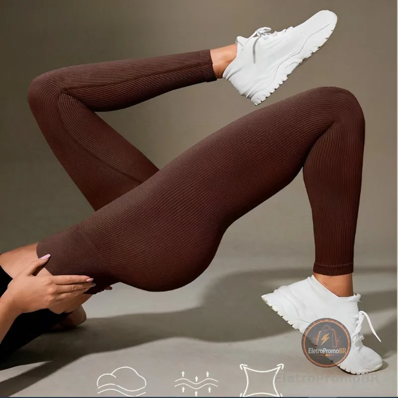 Calça Legging Canelada de Cintura Alta Sem Costura para Academia Feminina, Elástica e Fitness