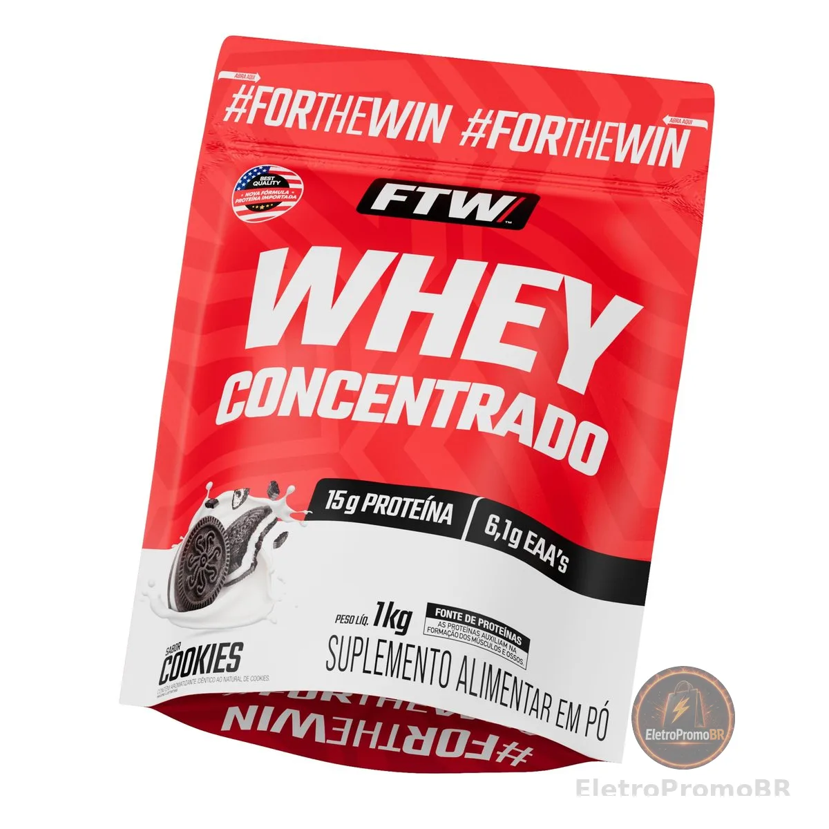 FTW Whey Concentrado com Proteína Concentrada WPC, Suplemento Alimentar em Pó com 15g de Proteína por Porção, Rico em Aminoácidos Essenciais, Sem Glúten – Refil 1KG (Cookies)