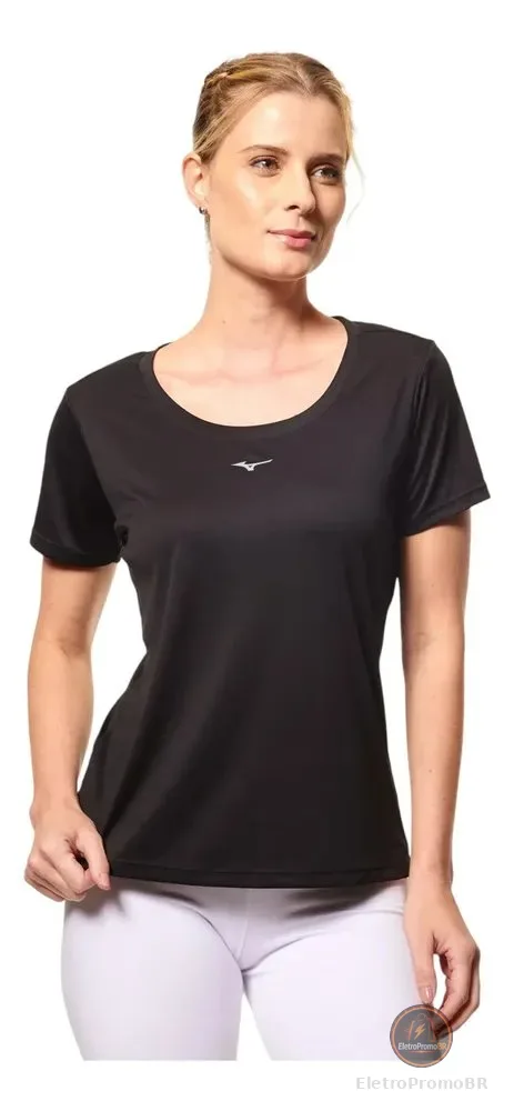Camiseta Feminina Esportiva  Run Spark Em Poliéster Mizuno Preto Liso M Lisa
