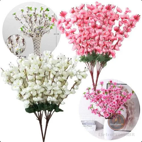Kit 4 Buque Cerejeira Artificial Rosa E Branco 7 Galhos Cada Decoração