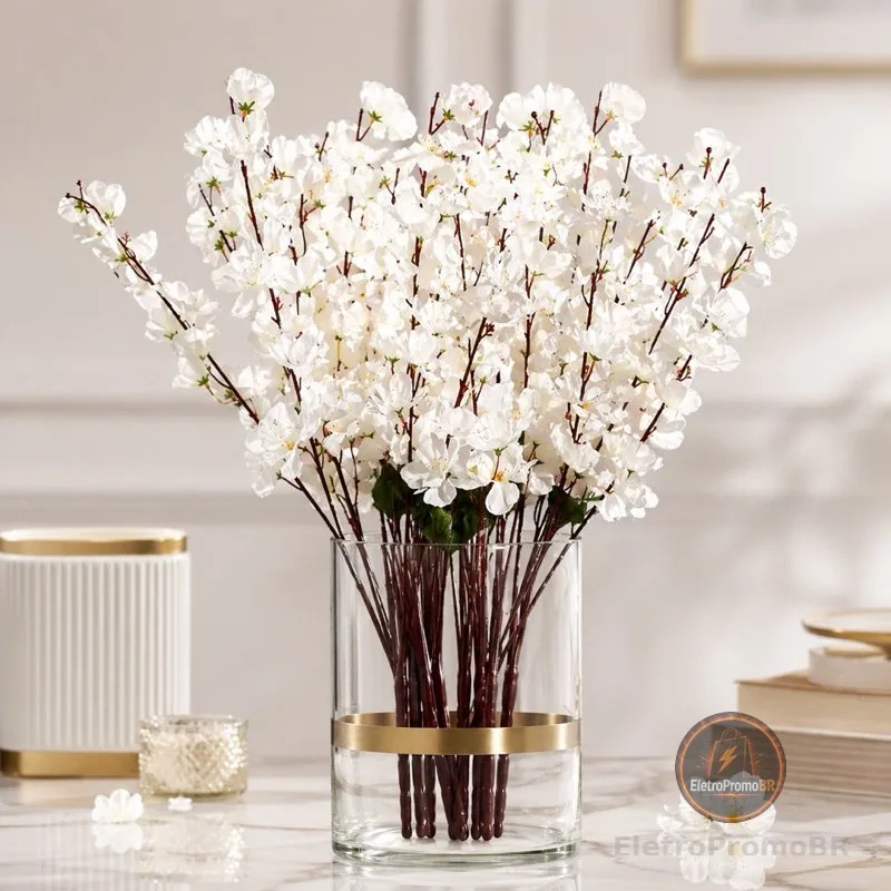 Buquê Flor Cerejeira Branco Artificial 7 Galhos Decorativa Luxo para Sala Festa e Casamento