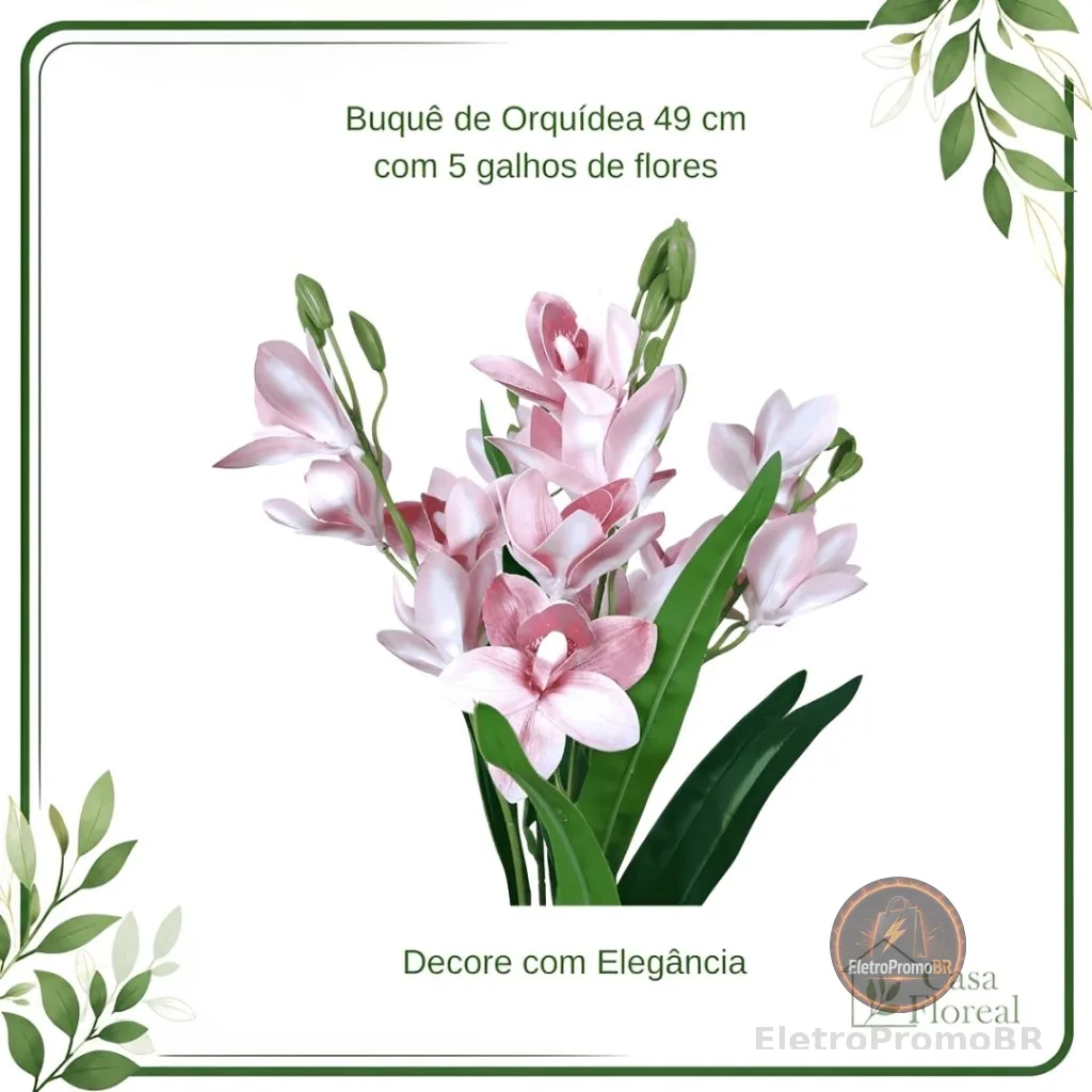 Buquê Orquídea Artificial 49cm 5 Galhos Folhas Arranjo Flor Decoração Casamento Festa