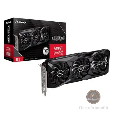 Placa de Vídeo ASRock RX 7600 Challenger PRO OC AMD Radeon, 8GB, GDDR6, Triple Fan - 90-GA62ZZ-00UANF