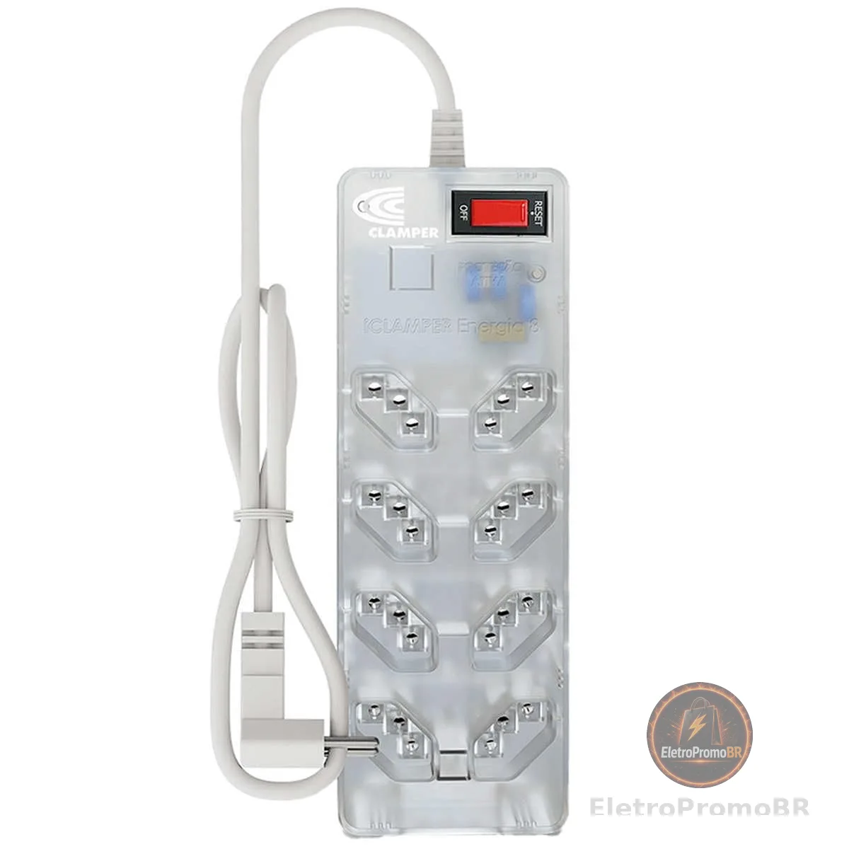 Filtro de Linha iCLAMPER Energia 8 com Proteção contra Surtos Elétricos(DPS) 8 Tomadas, 3 Pinos, 10 Amperes para PC, Notebook, Monitor, Impressora, PS5, Alexa e etc, Bivolt, Cabo de 1m Transparente
