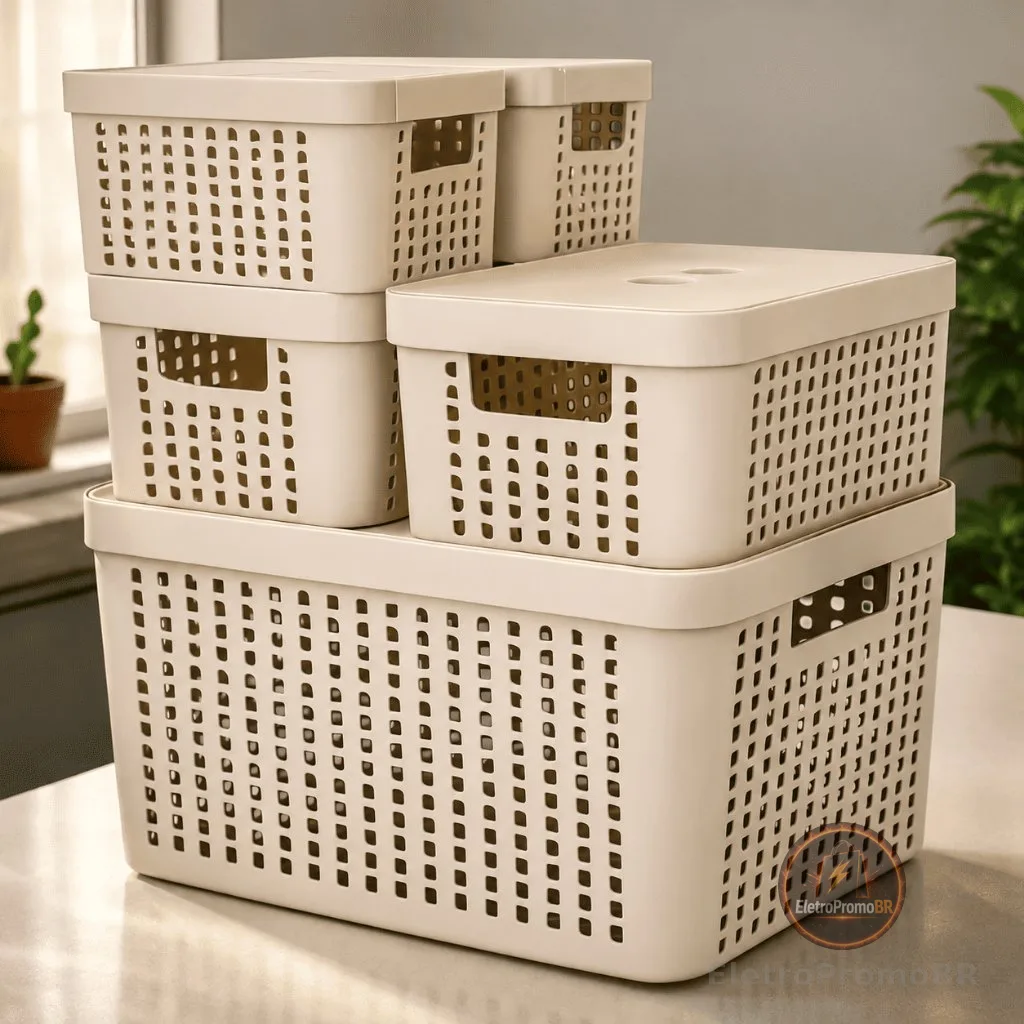 Kit 5 Caixas Organizadoras com Tampa Cesto Grande de Plástico 2 Litros 4,5 Litros 17 Litros