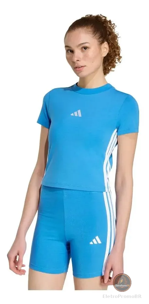Camiseta Baby Look Essentials Três Listras Slim adidas Azul G